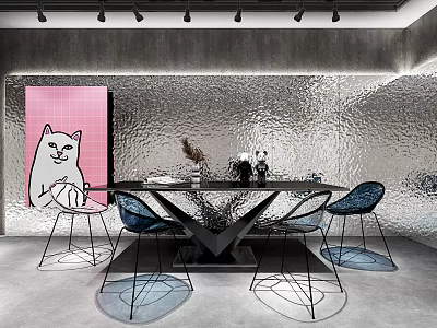Modern Dining Set Black Table Metal Chairs Pink Cartoon Cat Art Silver Wall Interior 3d model