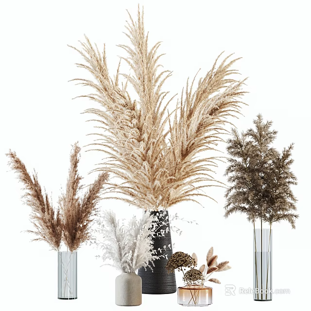 Shower Sauna Space Featuring Modern Pampas Grass Vase Decor In Beige Brown White Tones 3d model 