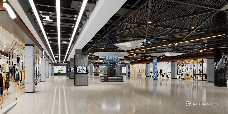 Modern Shopping Mall Lobby With Spacious Layout Ceiling Lights And Display Screens 3d model 
