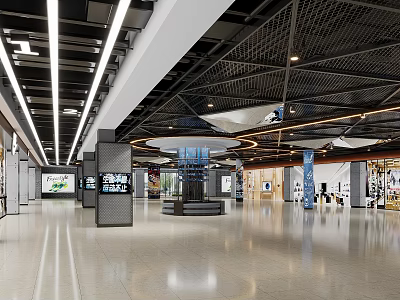 Modern Shopping Mall Lobby With Spacious Layout Ceiling Lights And Display Screens 3d model