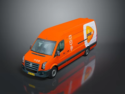 Orange PostNL Bus Featuring Brand Icons And Reflection On Black Background Design 3d model