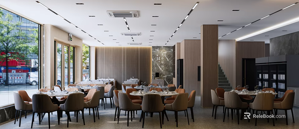 Modern Restaurant Interior With Elegant Dining Tables Comfortable Chairs And Wooden Decorative Walls 3d model 