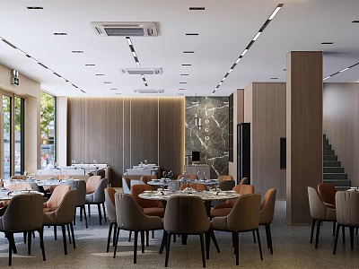 Modern Restaurant Interior With Elegant Dining Tables Comfortable Chairs And Wooden Decorative Walls 3d model