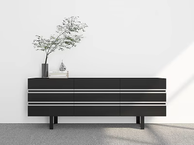 Modern Black Console Table with Horizontal Silver Stripes Green Plant Vase and Books 3d model