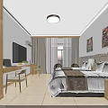 Modern Hotel Guest Room With Twin Beds Bright Lighting Decorative Paintings Work Desk And Flat Screen TV