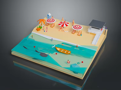 Scenic Sandy Beach With Ocean Water Colorful Umbrellas Small Boat And Lifeguard Stand 3d model