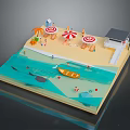 Scenic Sandy Beach With Ocean Water Colorful Umbrellas Small Boat And Lifeguard Stand