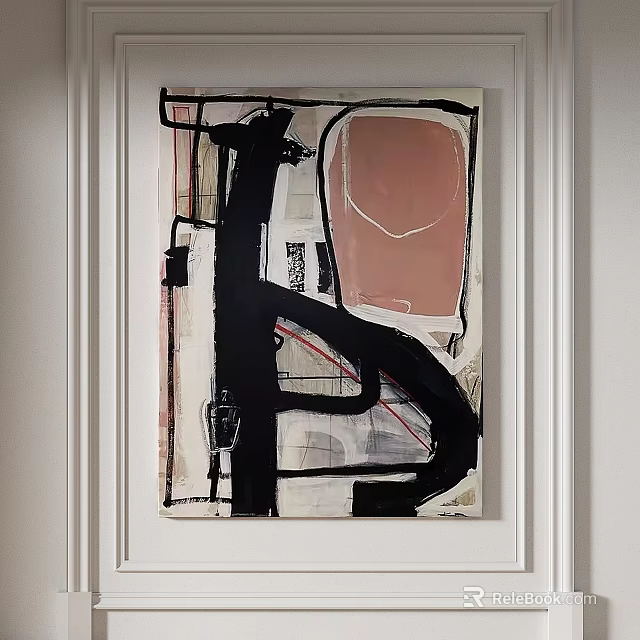 Abstract Painting With Black Pink White Lines And Geometric Shapes On White Wall 3d model 