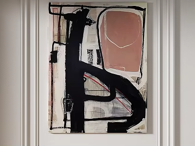Abstract Painting With Black Pink White Lines And Geometric Shapes On White Wall 3d model