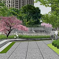 Lush Garden Landscape Design with Diverse Trees Pink Flowers Stone Paths and People Walking