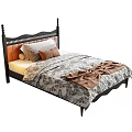Single Bed with Black Carved Headboard Orange Accent Pillows Patterned Quilt and Brown Throw 3d model