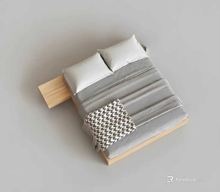 Double Bed with Wooden Frame Gray Bedspread Two White Pillows and Black White Checkered Throw 3d model 