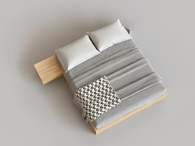 Double Bed with Wooden Frame Gray Bedspread Two White Pillows and Black White Checkered Throw 3d model