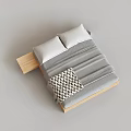 Double Bed with Wooden Frame Gray Bedspread Two White Pillows and Black White Checkered Throw