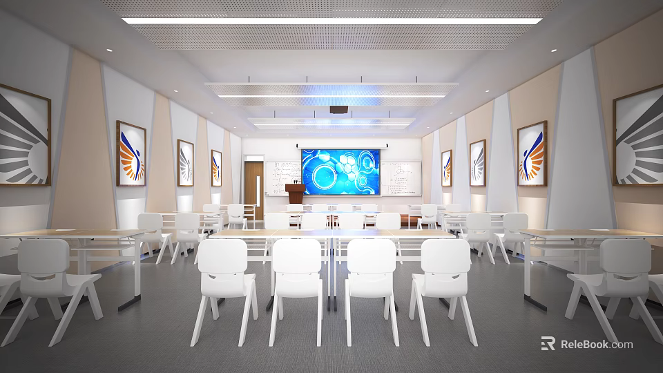 Modern School Classroom With White Furniture Large Screen And Decorative Wall Paintings 3d model 