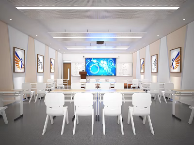 Modern School Classroom With White Furniture Large Screen And Decorative Wall Paintings 3d model