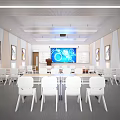 Modern School Classroom With White Furniture Large Screen And Decorative Wall Paintings