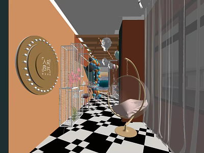 Elevator Hallway With Orange Walls Black And White Checkered Floor Metal Cages And Hanging Chair 3d model