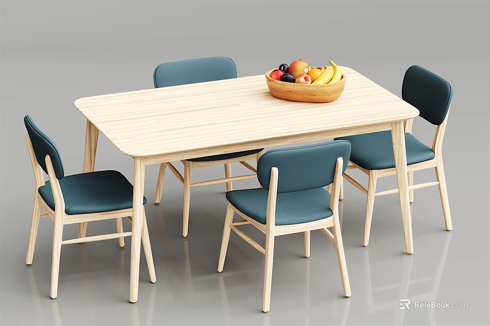 Light Wooden Dining Table Set with Four Blue Cushioned Chairs and Fruit Bowl 3d model 