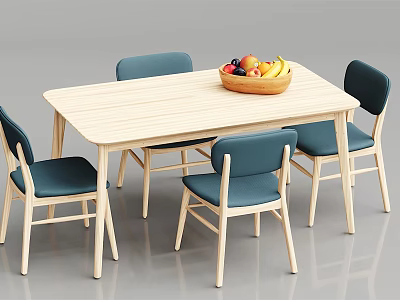 Light Wooden Dining Table Set with Four Blue Cushioned Chairs and Fruit Bowl 3d model
