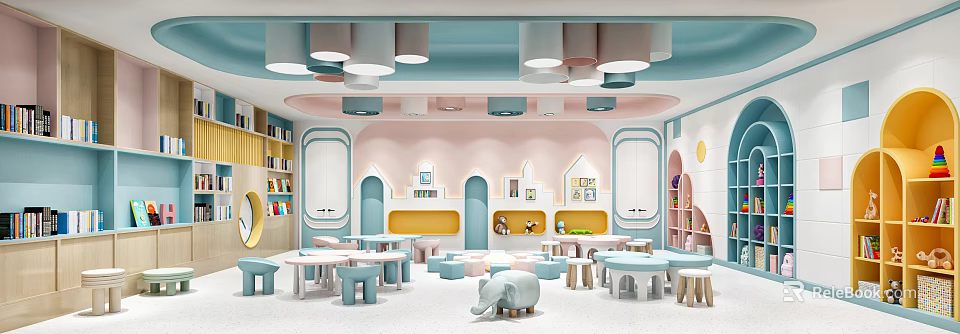Colorful Kindergarten Classroom With Kids Tables Chairs Bookshelves And Playful Toys 3d model 