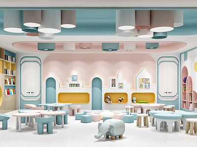 Colorful Kindergarten Classroom With Kids Tables Chairs Bookshelves And Playful Toys 3d model