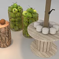Decorative Ornament Set With Thatched Umbrella Wooden Table Tree Stump Green Apples And Baskets