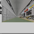 Modern Car Showroom Interior With Green Floor Multiple Cars Striped Ceiling And Billboards