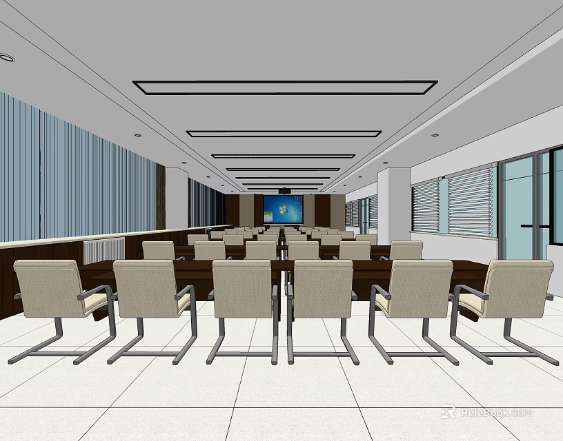 Modern Conference Room Interior Design With Long Table Chairs And Projection Screen 3d model 