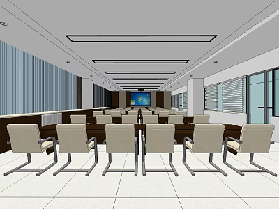 Modern Conference Room Interior Design With Long Table Chairs And Projection Screen 3d model