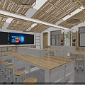 School Classroom Interior With Bamboo Ceiling Large Blackboard Screen Wooden Tables Bar Stools And Plants