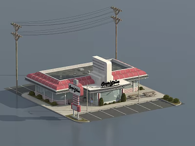 Burger Barn Fast Food Restaurant With Red Roof White Walls Parking Lot And Power Poles 3d model