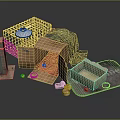 Cardboard Boxes Pet Play Setup With Cage Green Cloth Colorful Balls And Tower