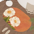 Oval Shaped Rug With Orange Background White Flowers And Green Leaves On Wooden Floor