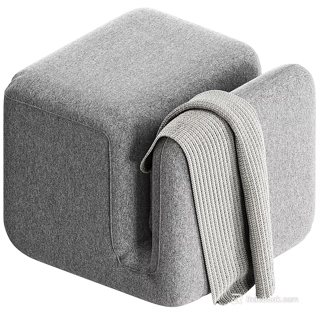 Soft Gray Upholstered Ottoman with Cozy Knitted Blanket in Modern Living Room 3d model 