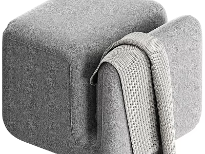 Soft Gray Upholstered Ottoman with Cozy Knitted Blanket in Modern Living Room 3d model