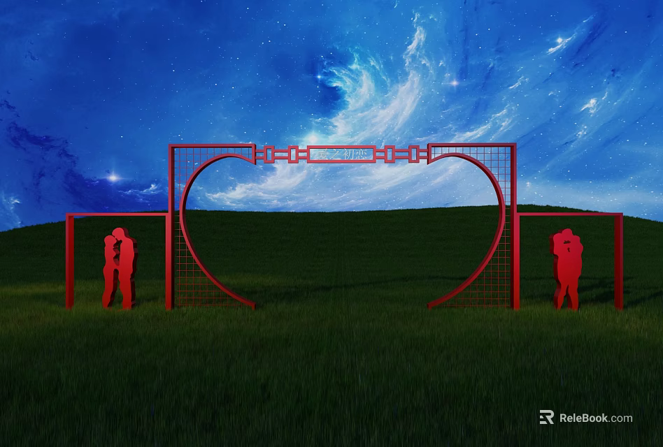 Ornate Red Archway Structure With Human Silhouettes Against Blue Starry Sky and Green Grass Field 3d model 