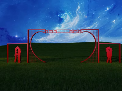 Ornate Red Archway Structure With Human Silhouettes Against Blue Starry Sky and Green Grass Field 3d model