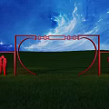 Ornate Red Archway Structure With Human Silhouettes Against Blue Starry Sky and Green Grass Field