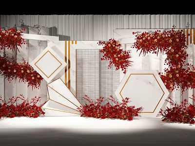 Elegant Wedding Stage Design With Red Floral Decorations Geometric Patterns And White Backdrop 3d model