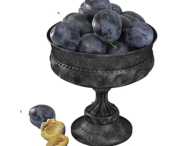 Antique Black Fruit Bowl Filled With Fresh Plums And Whole Halved Plums Beside 3d model