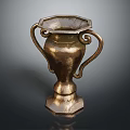 Vintage Brass Vase With Double Curved Handles And Octagonal Base On Dark Background