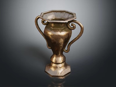 Vintage Brass Vase With Double Curved Handles And Octagonal Base On Dark Background 3d model