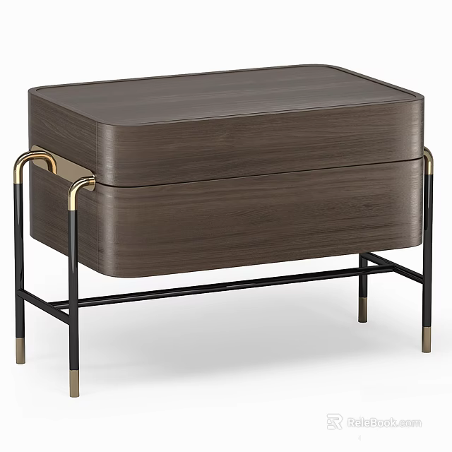 Modern Dark Brown Wooden Nightstand With Gold Handles And Black Metal Legs 3d model 