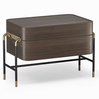 Modern Dark Brown Wooden Nightstand With Gold Handles And Black Metal Legs 3d model