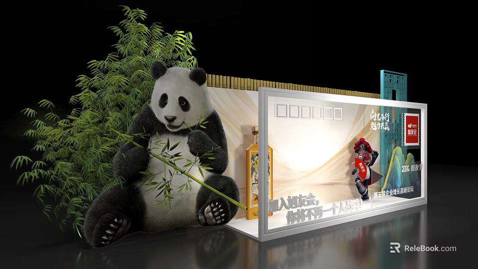 Giant Panda Themed Exhibition Booth Display With Bamboo And Decorative Elements 3d model 