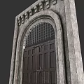 Classical Stone Entrance Gate with Arched Top Decorative Grille and Carved Frame