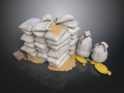 Stacks of White Grain Sacks With Spilled Grains Small Bags And Yellow Bananas 3d model