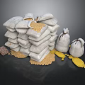 Stacks of White Grain Sacks With Spilled Grains Small Bags And Yellow Bananas