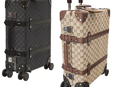 Stylish Dark And Beige Patterned Rolling Luggage Suitcases With Leather Trim Metal Buckles Wheels 3d model